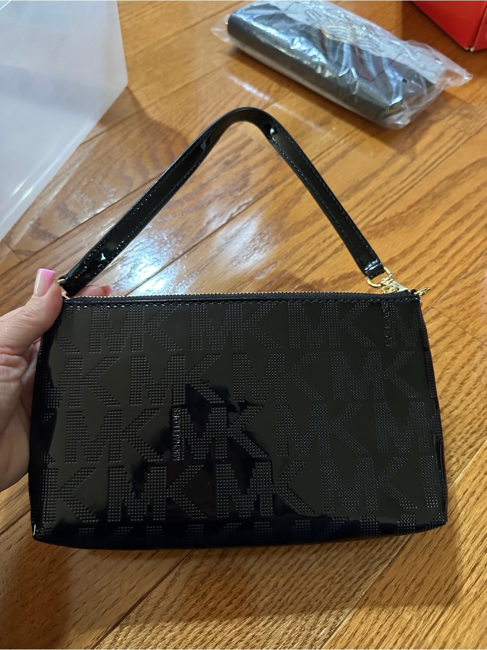 Michael Kors Black Patent Logo Wristlet with Gold Hardware - Picture 2 of 2